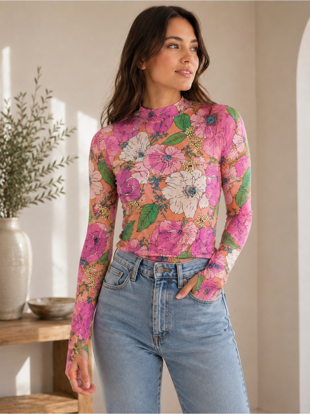 AFRM Spring Blush Bouquet Floral Mesh Long Sleeve Top Size S NWT